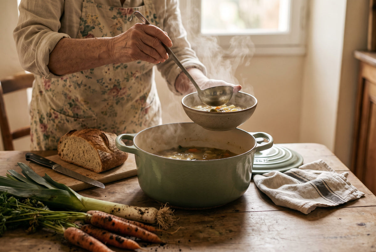 Dans sa cuisine, Mamie sert à la louche une soupe de légumes fumante depuis une cocotte verte ; sur la table, du pain, des poireaux et des carottes du jardin