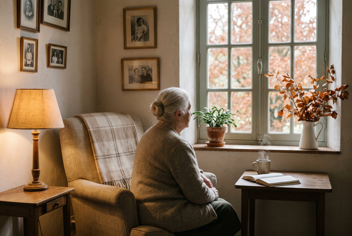 Une grand-mère lit dans son fauteuil près de la fenêtre, à la lumière d'une lampe
