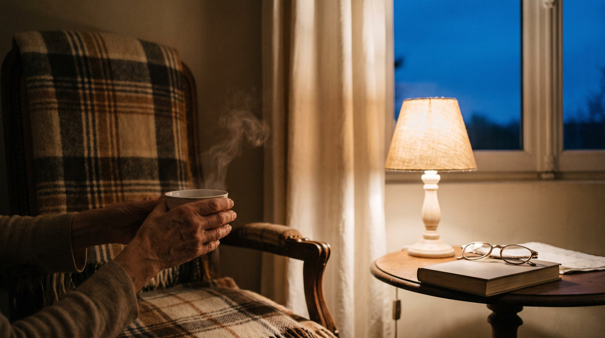 Le soir, assise dans son fauteuil près de la fenêtre, Mamie tient une tasse fumante ; sur le guéridon, une petite lampe allumée, ses lunettes et un livre