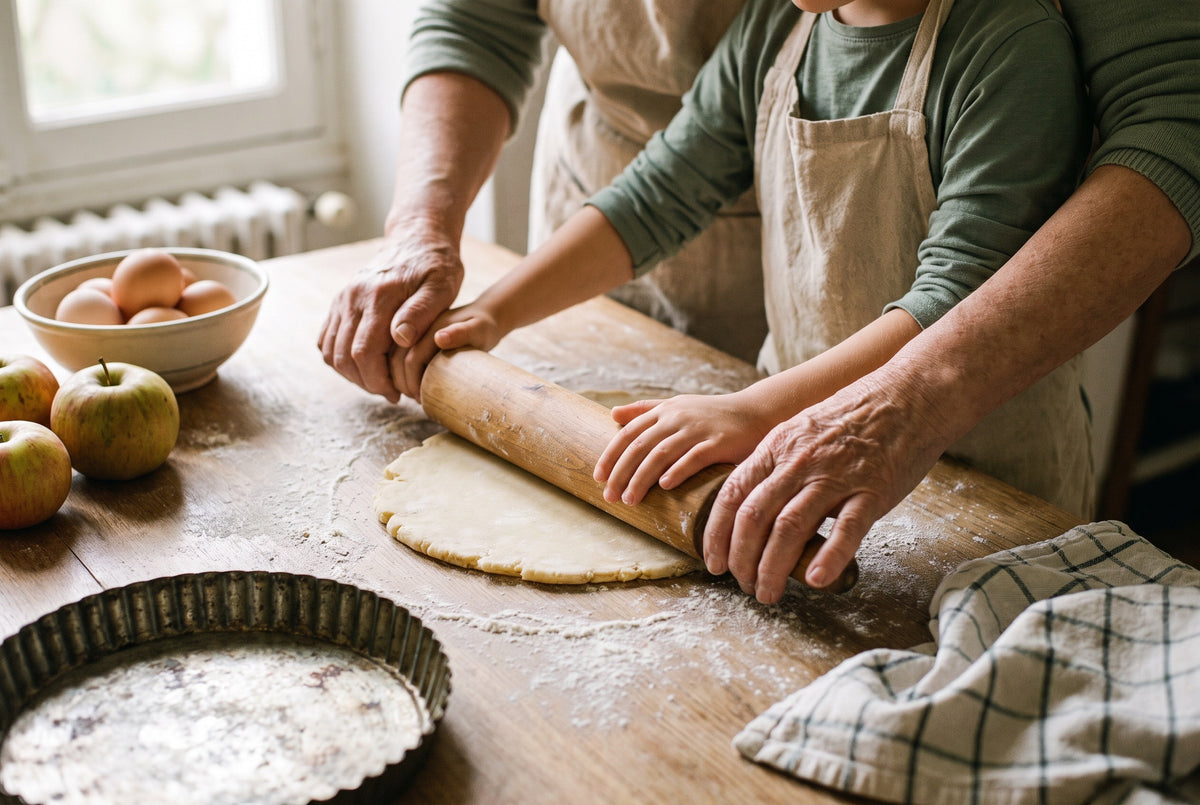 Dans la cuisine, les mains de Mamie guident celles d’un enfant sur le rouleau à pâtisserie ; sur la table, la pâte à tarte, des pommes, des œufs et un moule