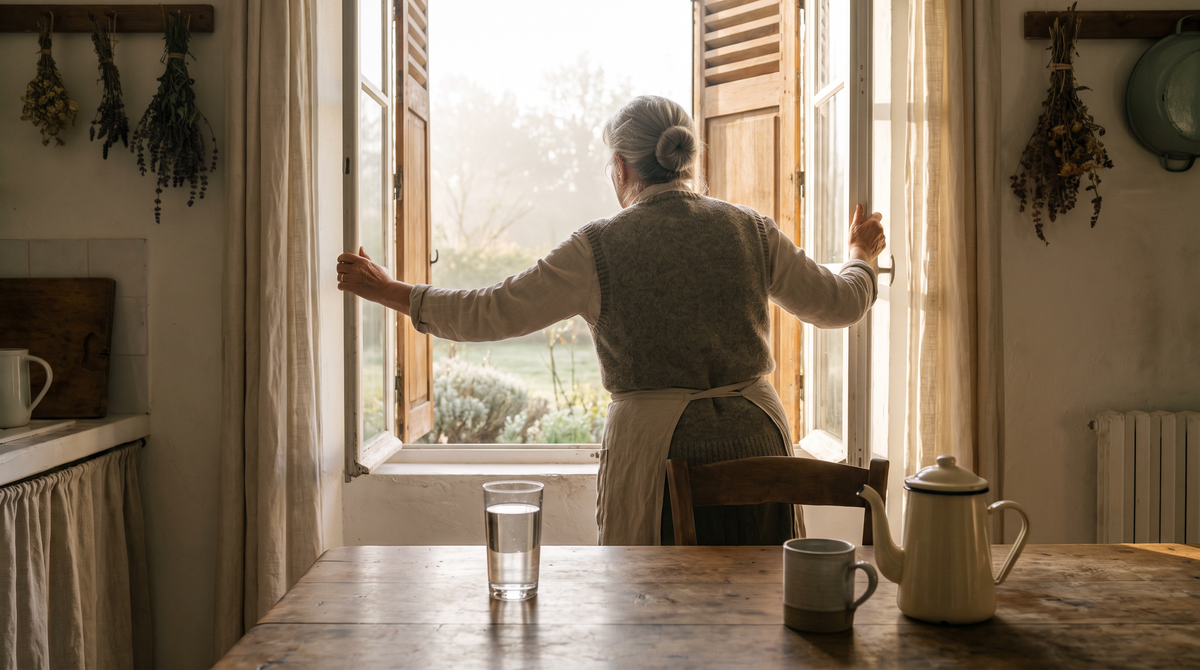 Au petit matin, Mamie ouvre grand la fenêtre de la cuisine sur le jardin ; sur la table, un verre d’eau, une tasse et la théière
