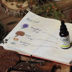 Carnet de Mamie Georges ouvert : pour 2 mL, passiflore 500 mg, reishi 400 mg, pavot jaune 100 mg, avec le flacon Au lit ! posé sur la page