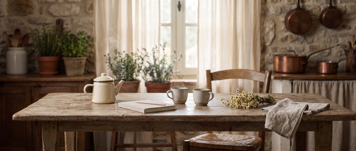 La cuisine de Mamie : la théière fume sur la grande table de bois, deux tasses, un carnet et un bouquet de camomille (image générée par IA)