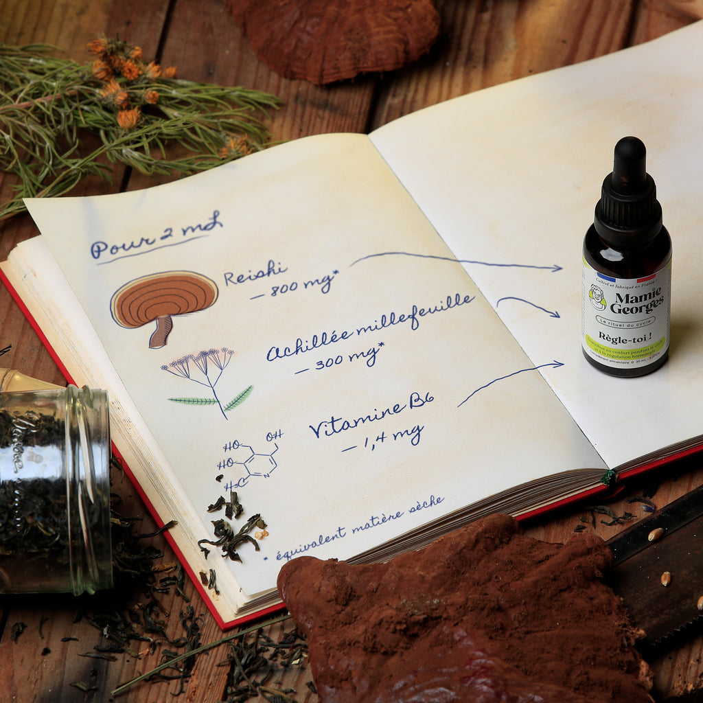 Carnet de Mamie Georges ouvert : pour 2 mL, reishi 800 mg, achillée millefeuille 300 mg, vitamine B6 1,4 mg, avec le flacon Règle-toi ! posé sur la page