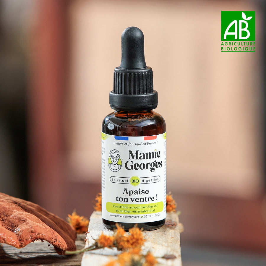 Flacon Apaise ton ventre ! de Mamie Georges, fermé, sur un poteau de bois entre reishi et fleurs de calendula, avec le logo AB Agriculture biologique