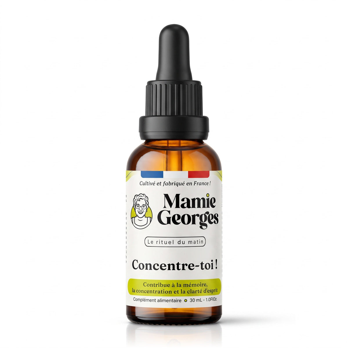 Flacon Concentre-toi ! de Mamie Georges, extrait liquide de 30 mL, sur fond blanc