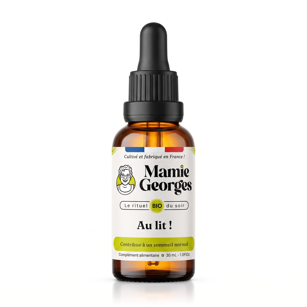 Flacon Au lit ! de Mamie Georges, extrait liquide bio de 30 mL, sur fond blanc